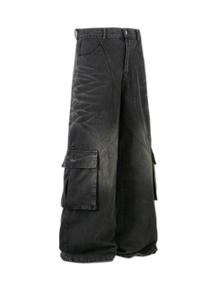 Washed Distressed Multi-Pocket Cargo Jeans - Negro