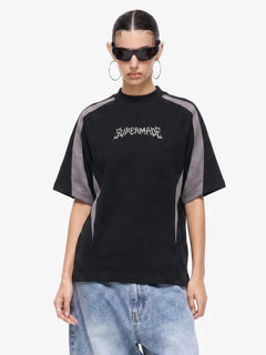 Suede Panel Embroidered Logo Short Sleeve T-Shirt - Negro