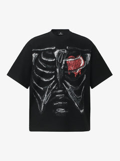 Skeleton & Melted Heart Graphic Waffle Knit T-Shirt - Negro