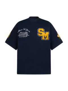 Retro Motorcycle Style Heavy Patch Embroidered T-shirt - Azul marino