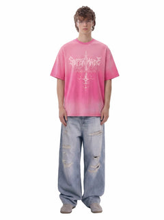 Acid Wash Gothic Cross Spine Graphic Distressed T-Shirt - Rosa