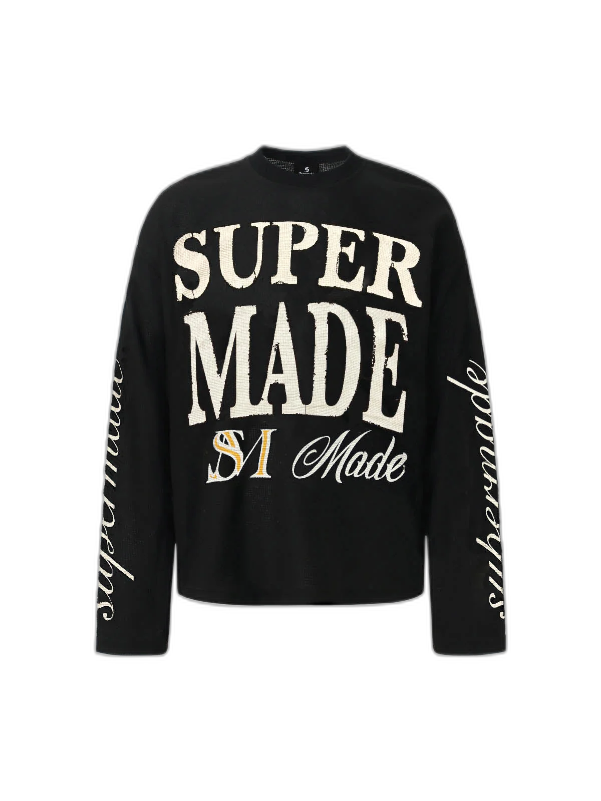 Retro Letter Print Waffle Simplicity Long-Sleeved T-Shirt