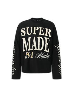 Retro Letter Print Waffle Simplicity Long-Sleeved T-Shirt - Negro