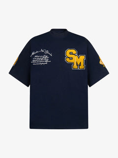 Retro Motorcycle Style Heavy Patch Embroidered T-shirt - Azul marino