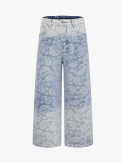 Floral Jacquard Denim Jeans - Blue And White