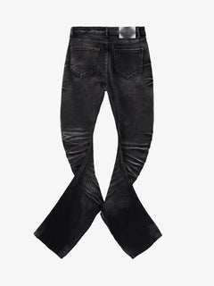 Vintage Distressed Button Fly Ruched Panel Flared Jeans - Negro