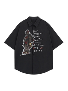 Oversized Graphic Cartoon Letter Print Short-Sleeve Shirt - Negro