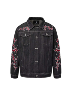 Rhinestone Thorn Graphic Denim Jacket - Gray Black