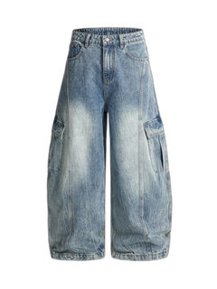Vintage Cargo Pocket Washed Barrel Jeans - Azul