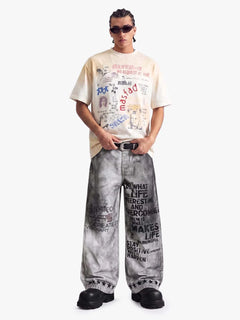 Distressed Dirty Wash Text Graphic Star Trim Straight Leg Pants - Gris