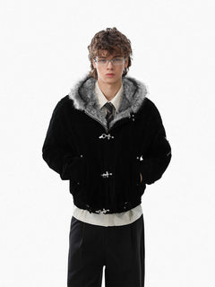Streetwear Metal Clip Faux Fur Hooded Suede Bomber Jacket - Negro