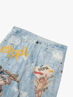 Retro Artistic Graffiti Angelic Prints Baggy Jeans - Azul