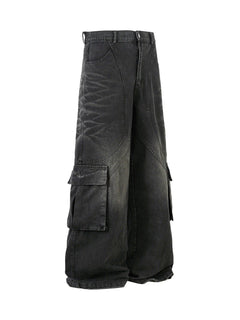Washed Distressed Multi-Pocket Cargo Jeans - Negro