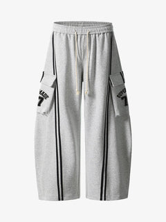 Cotton Web Stitching Letter Print Drawstring Barrel Pants - Light Gray
