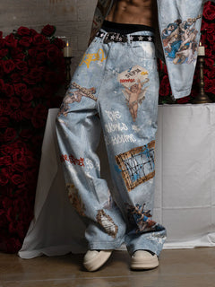 Retro Artistic Graffiti Angelic Prints Baggy Jeans - Azul
