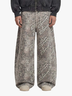 Street Leopard Camouflage Pleated Barrel Jeans - Leopardo