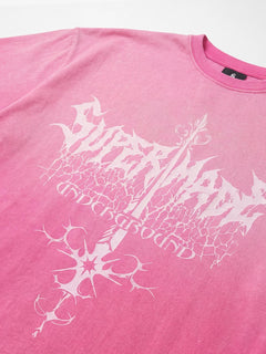 Acid Wash Gothic Cross Spine Graphic Distressed T-Shirt - Rosa