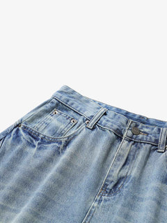 Curved Silhouette 3D Paneled Denim Shorts - Light Blue