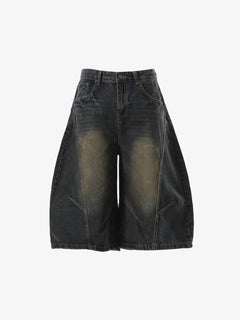 Curved Silhouette 3D Paneled Denim Shorts - Negro