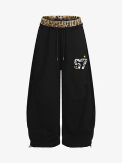 Retro Double-Waist Leopard Patch Barrel Pants - Negro