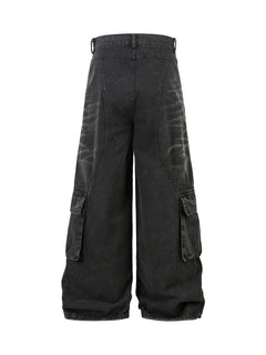 Washed Distressed Multi-Pocket Cargo Jeans - Negro