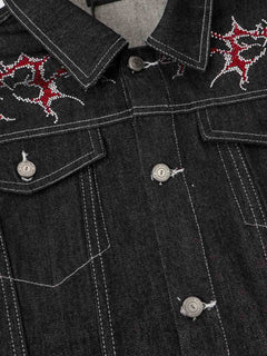 Rhinestone Thorn Graphic Denim Jacket - Gray Black