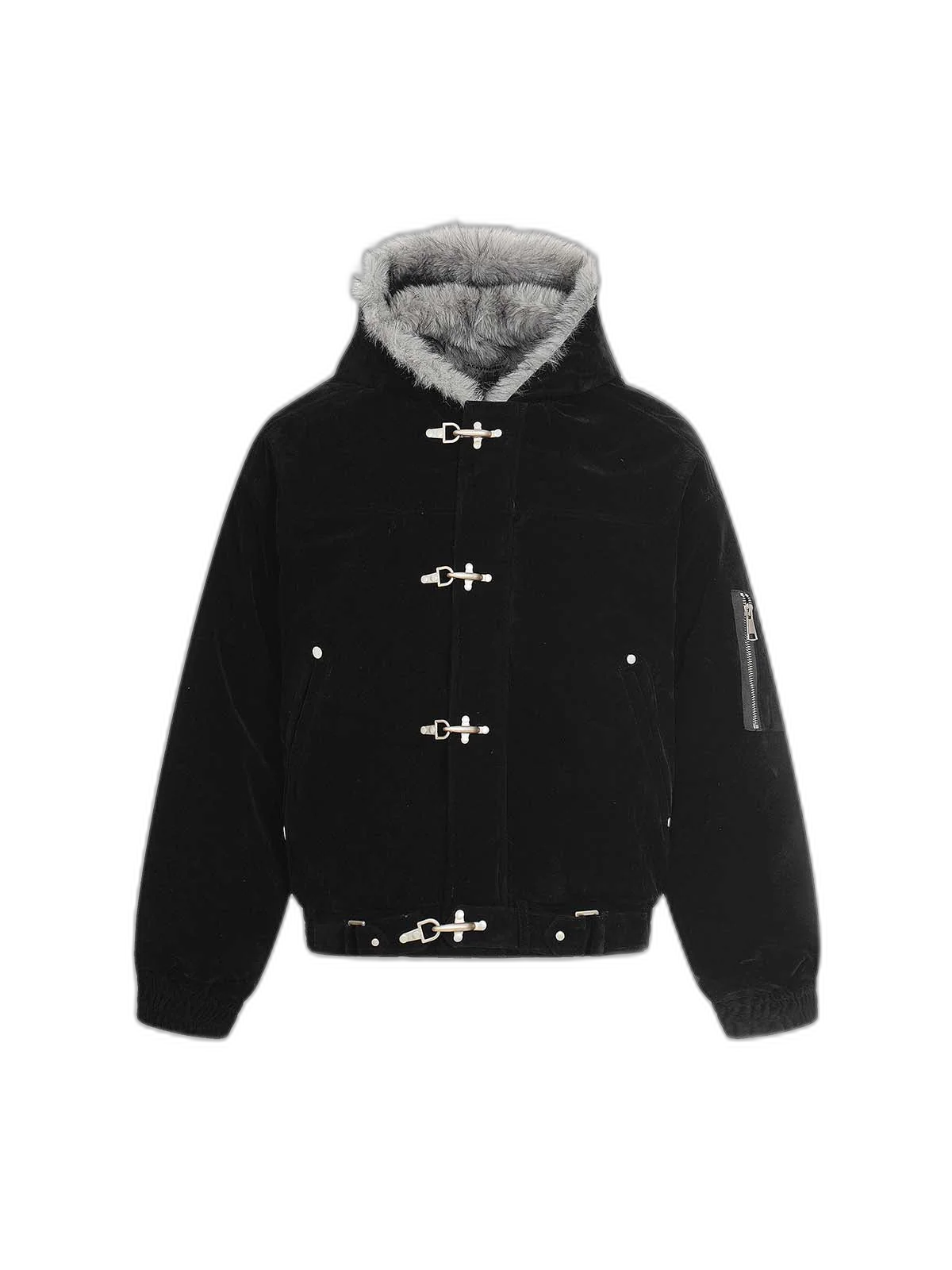 Streetwear Metal Clip Faux Fur Hooded Suede Bomber Jacket
