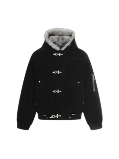 Streetwear Metal Clip Faux Fur Hooded Suede Bomber Jacket - Negro