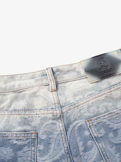Floral Jacquard Denim Jeans - Blue And White