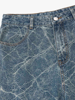 Retro Crackle-Washed Barrel Jeans - Azul