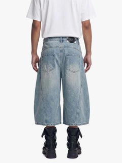 Curved Silhouette 3D Paneled Denim Shorts - Light Blue