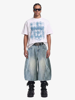 Curved Silhouette 3D Paneled Denim Shorts - Light Blue