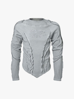 Vintage Washed Sculpted Seam Ribbed Long Sleeve T-Shirt - Light Grey