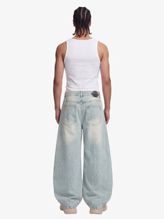 Denim Washed Distressed Barrel Jeans - Light Blue