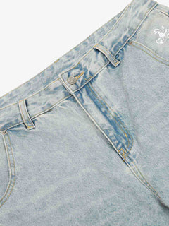 Denim Washed Distressed Barrel Jeans - Light Blue