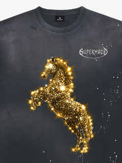 Vintage Wash Glitter Horse Pattern Splash Ink T-Shirt - Negro
