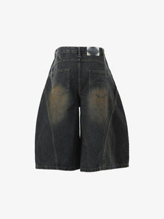 Curved Silhouette 3D Paneled Denim Shorts - Negro