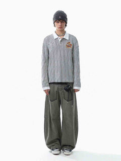 Retro Contrast Collar Embroidery Knit Sweater - Gris