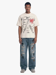 Skeleton & Melted Heart Graphic Waffle Knit T-Shirt - Beige