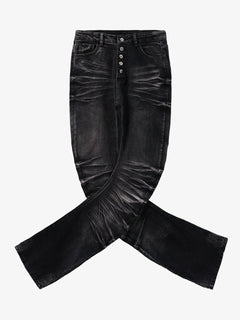 Vintage Distressed Button Fly Ruched Panel Flared Jeans - Negro