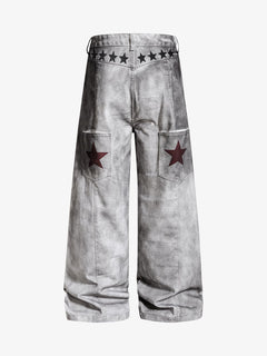 Distressed Dirty Wash Text Graphic Star Trim Straight Leg Pants - Gris