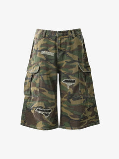 Retro Ripped Camouflage Cropped Shorts - Classic Camouflage