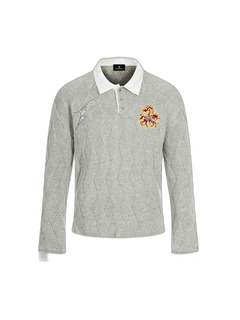 Retro Contrast Collar Embroidery Knit Sweater - Gris