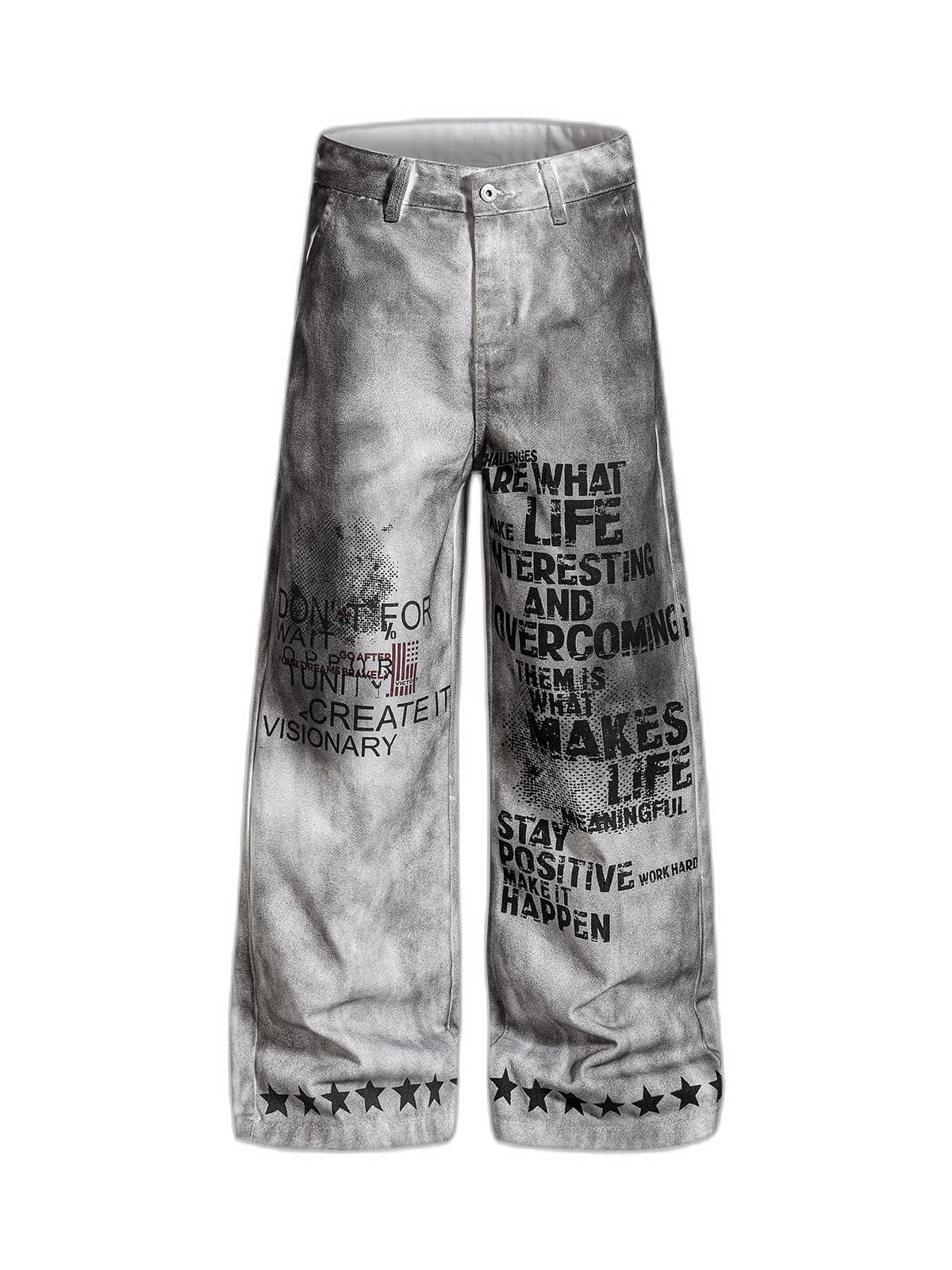 Distressed Dirty Wash Text Graphic Star Trim Straight Leg Pants
