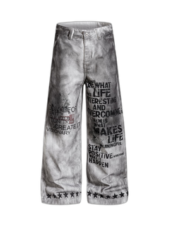 Distressed Dirty Wash Text Graphic Star Trim Straight Leg Pants - Gris