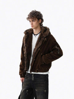 Streetwear Metal Clip Faux Fur Hooded Suede Bomber Jacket - Coffee