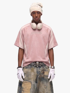 Suede Panel Embroidered Logo Short Sleeve T-Shirt - Rosa