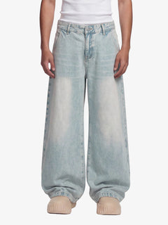 Denim Washed Distressed Barrel Jeans - Light Blue