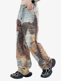 High Street Distressed Washed Printed Jeans - Café