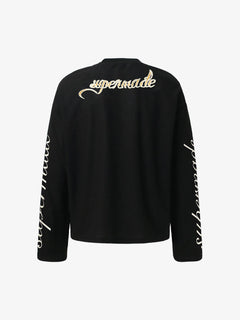 Retro Letter Print Waffle Simplicity Long-Sleeved T-Shirt - Negro
